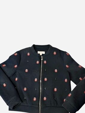 Black Ladybug Embroidered Bomber Jacket Size M Pearl Detail